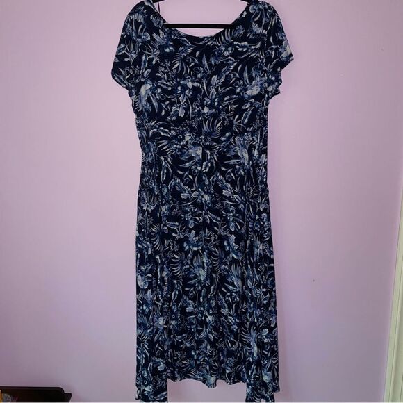 M&co Dress Size 16 Blue Tropical Floral Print Short Sleeve Casual - Picture 5 of 10